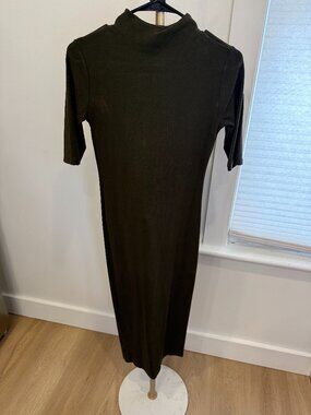 Zara Dark Olive Green Mock Neck Elbow Sleeve Bodycon Midi Dress